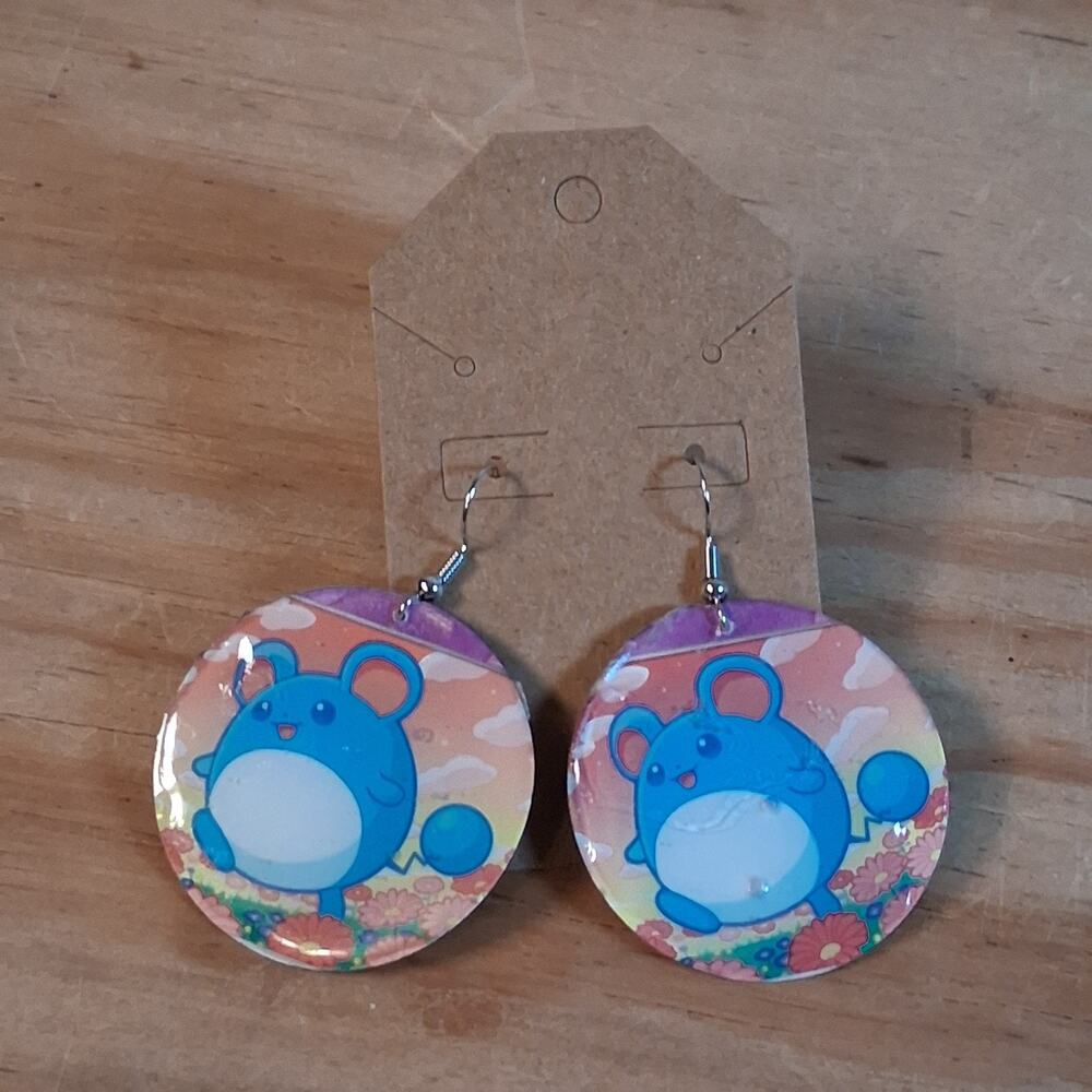 Handmade Marill Earrings Round Resin Card Jewelry Hook Back Blue Bounce